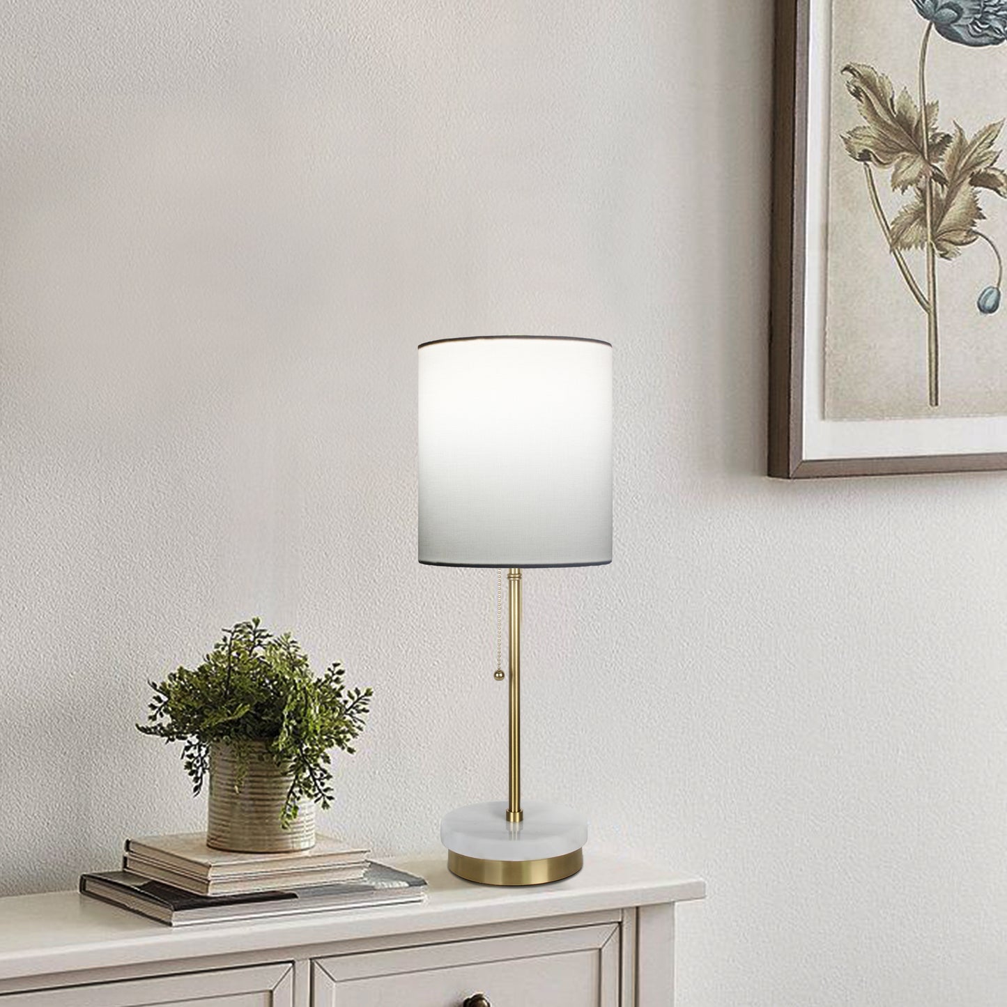 22"H Modern Metal Marble Stick Table Lamp with Pull Chain Switch and LED Bulb for Living Room