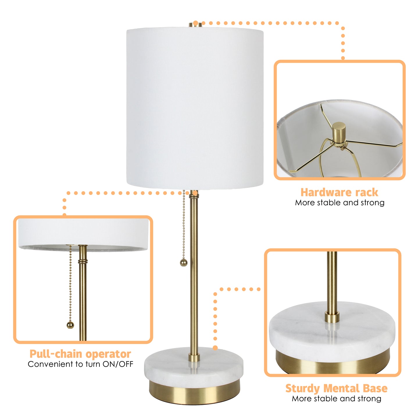 22"H Modern Metal Marble Stick Table Lamp with Pull Chain Switch and LED Bulb for Living Room