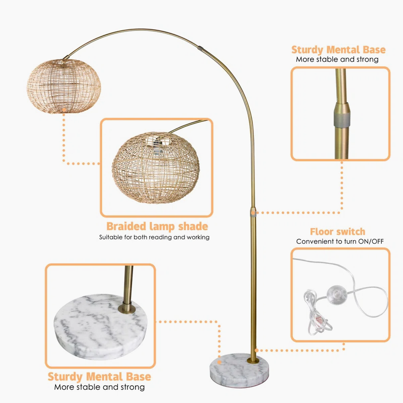 Arc Floor Lamp, Adjustable H-W/ Rattan Shade