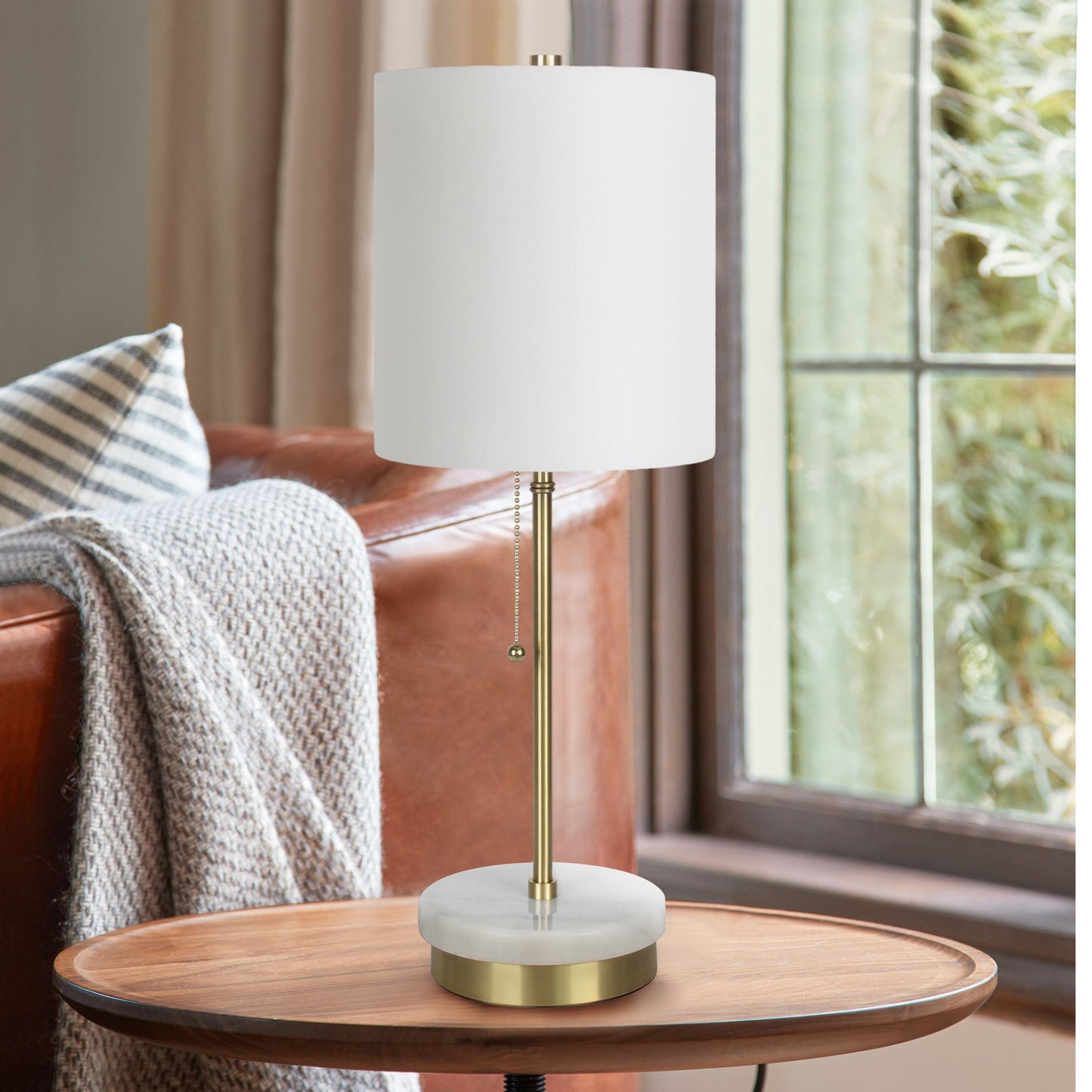 22"H Modern Metal Marble Stick Table Lamp with Pull Chain Switch and LED Bulb for Living Room